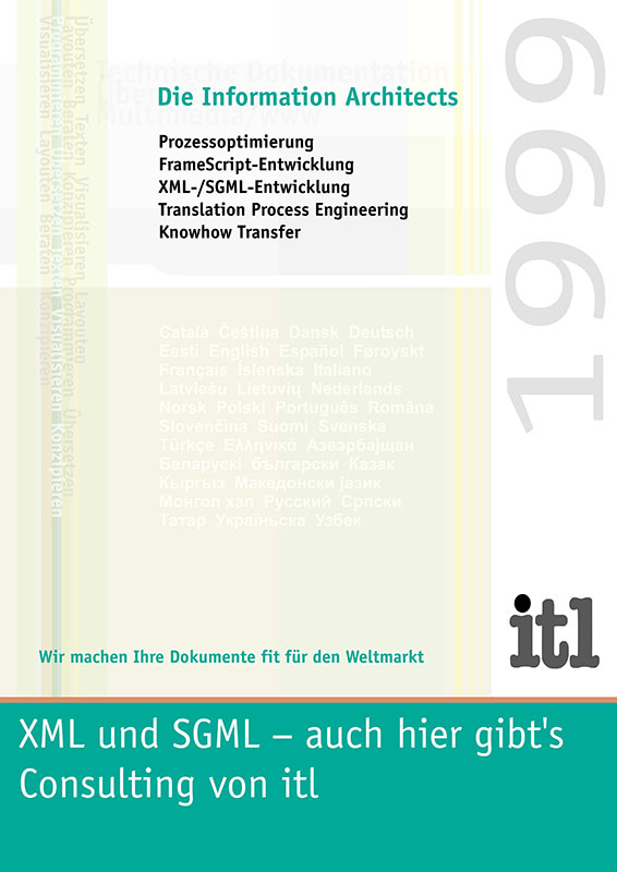 itl wird als zertifiziertes Adobe Training Center anerkannt. Erste xml- und html-Projekte starten. itl erweitert die Consulting-Abteilung durch konsequenten Aufbau des XML/SGML-Know-hows