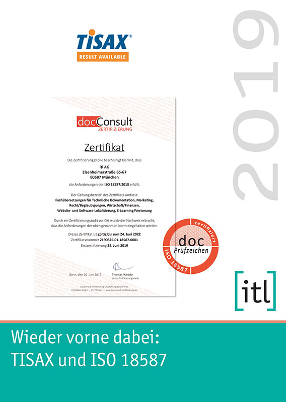 itl AG ist TISAX-geprüft und als einer der ersten Dienstleister wird itl nach ISO 18587 ausgezeichnet.